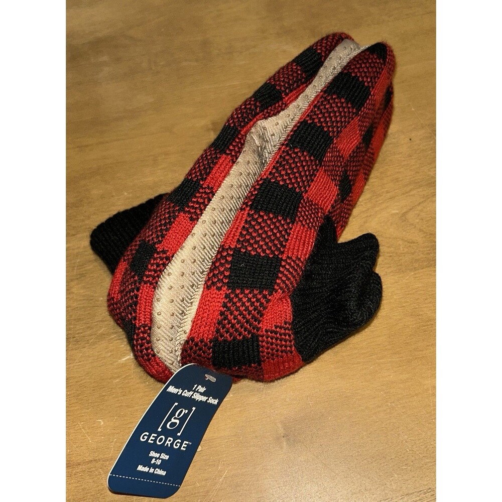 Men’s George Fuzzy Cuff Slipper Socks with Grippers, Non-Slip Size 8-10